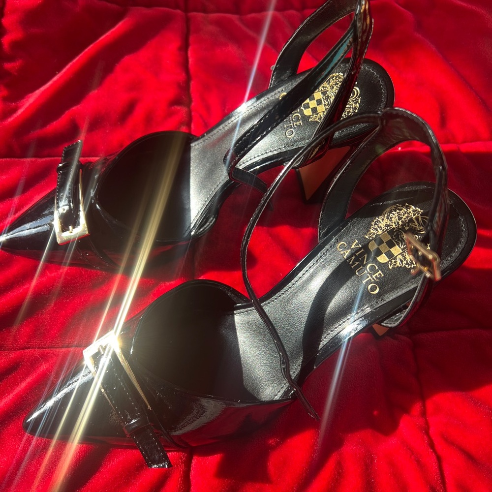 Vince Camuto Shiny Black Heels with Gold Buckle